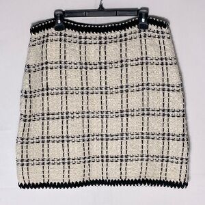 Tory Burch Cream Black Plaid Tweed Linen Blend Mini Skirt XL Academia Twee